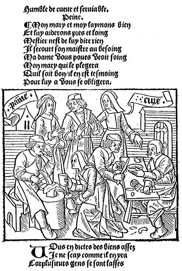 Figure IV : Pierre Gringore, Le Chasteau de labour imprimé par Philippe Pigouchet pour le libraire Simon Vostre (quatrième édition, mars 1501), fol. 52 v°. Gravure 25 présente dans le corps du texte : Peine et Cure parlent du futur « laboureur » 