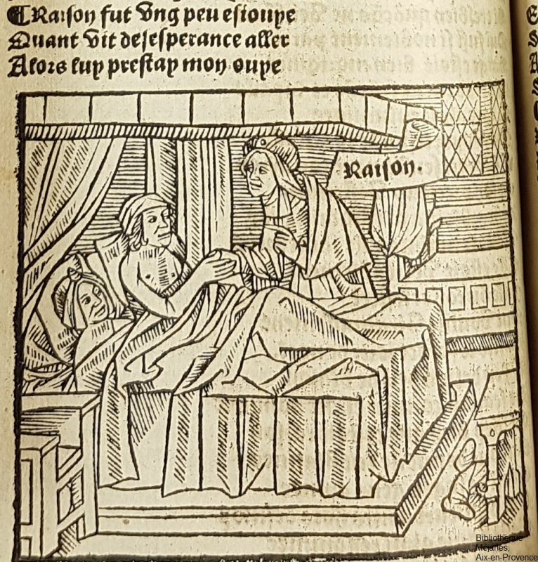 Figure VII : Pierre Gringore, Le Chasteau de labour imprimé par Jean Trepperel (vers 1510), fol. 8 v° : l’arrivée de Raison 
