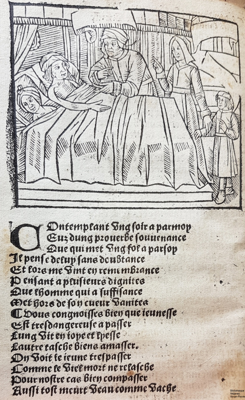 Figure VIII : Pierre Gringore, Le Chasteau de labour imprimé par Jean Trepperel (vers 1510), fol. 2 v° : première gravure de l’imprimé, avec des phylactères vides 